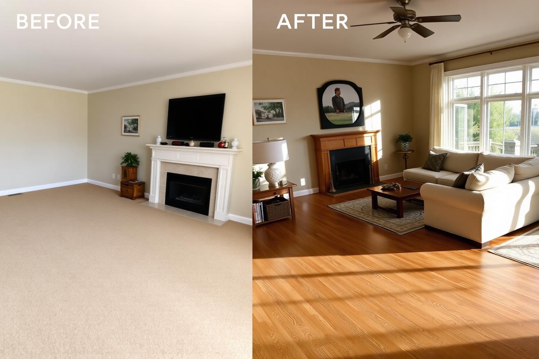 Before and after — worn beige carpet replaced with wide-plank white oak.