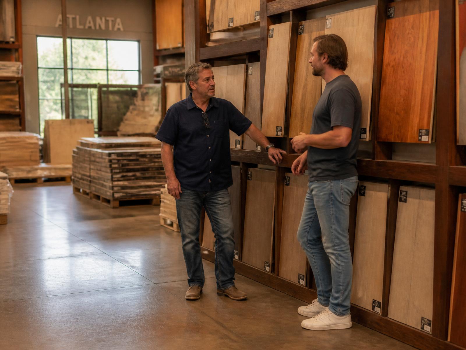 Father and son inside the Budget Flooring showroom in Atlanta.