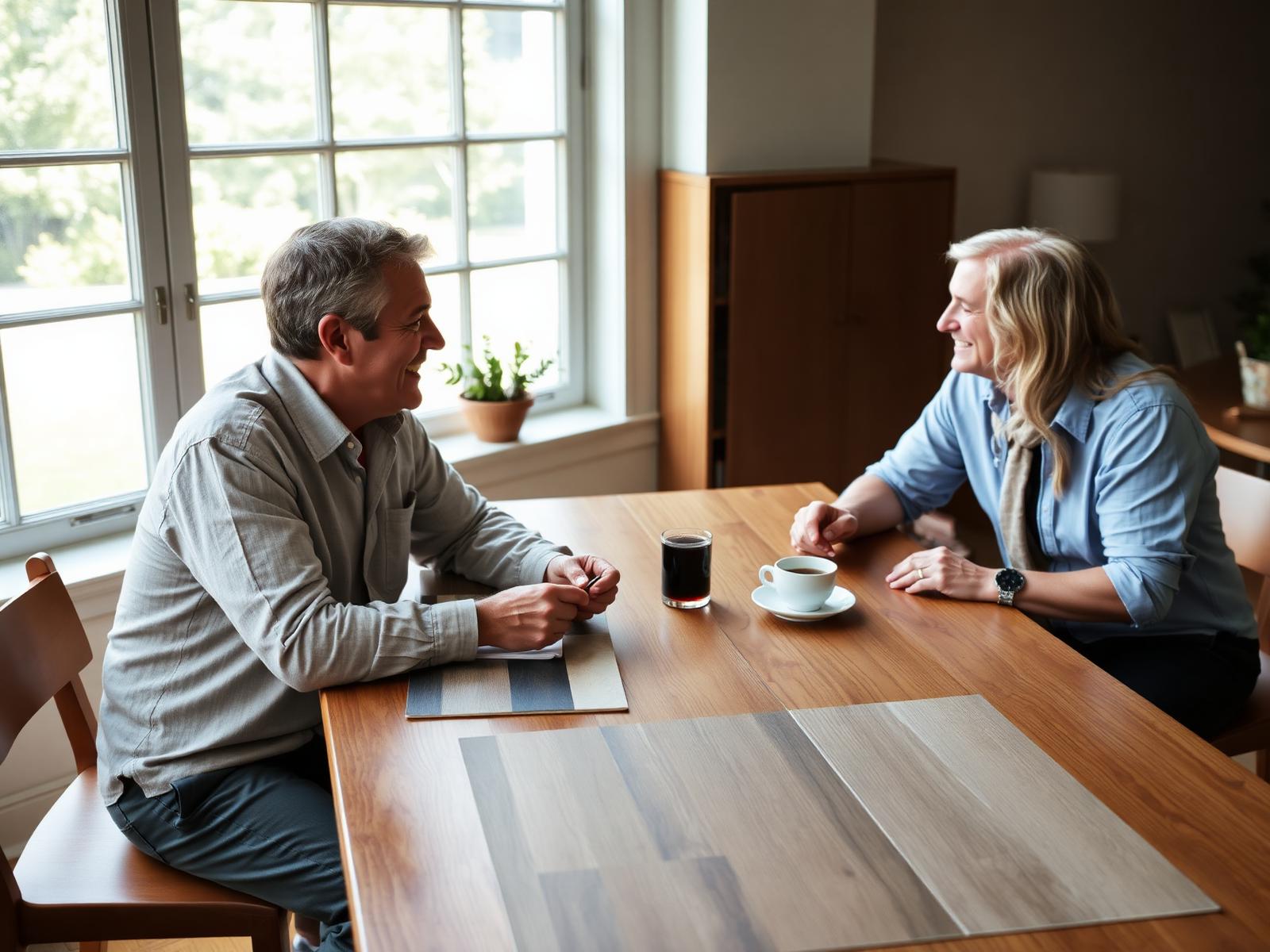 A Budget Flooring designer sitting with a customer, samples on the table.